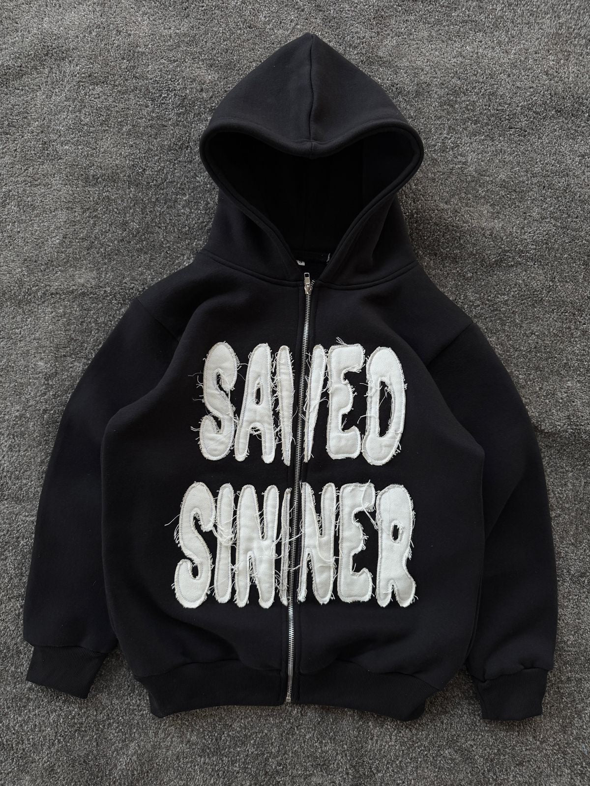 ‘Saved Sinner’ Distressed Zip Hoodie