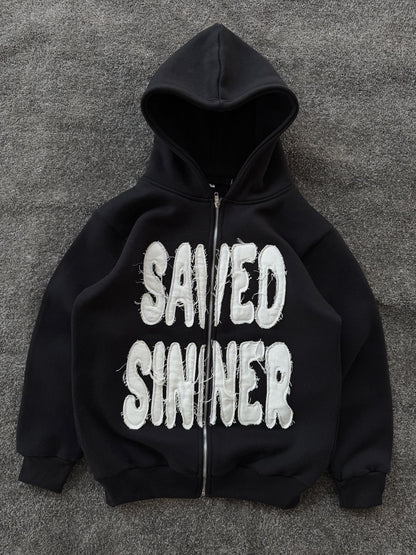 ‘Saved Sinner’ Distressed Zip Hoodie