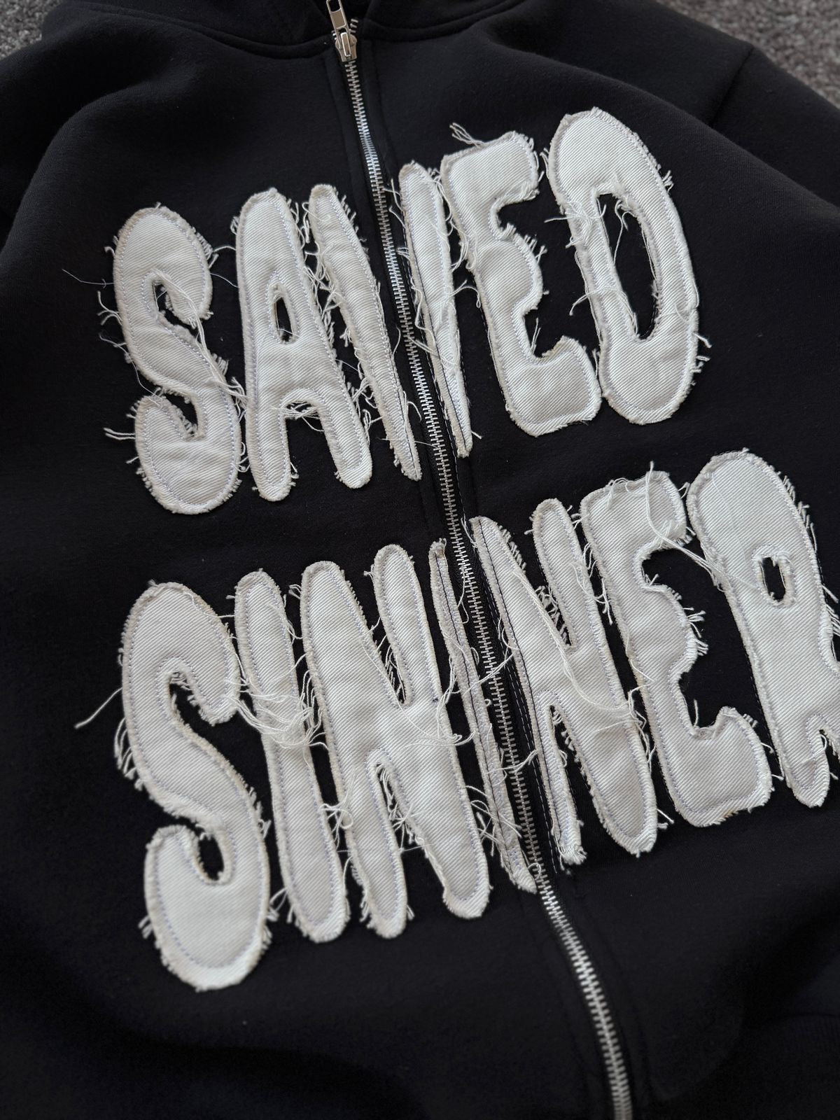 ‘Saved Sinner’ Distressed Zip Hoodie
