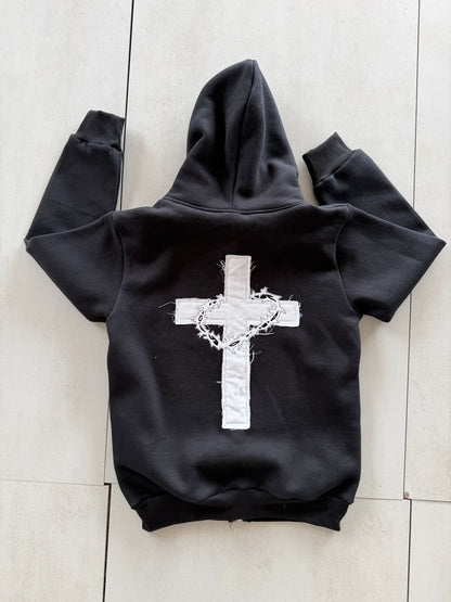 ‘Saved Sinner’ Distressed Zip Hoodie