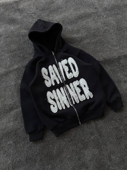 ‘Saved Sinner’ Distressed Zip Hoodie