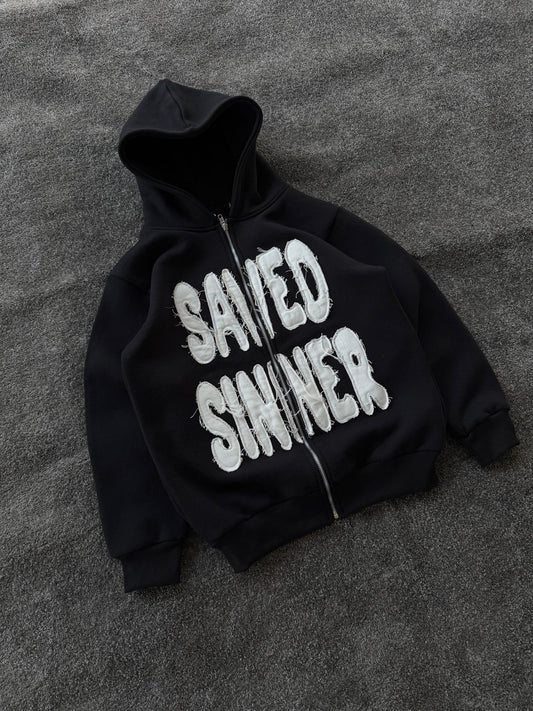 ‘Saved Sinner’ Distressed Zip Hoodie