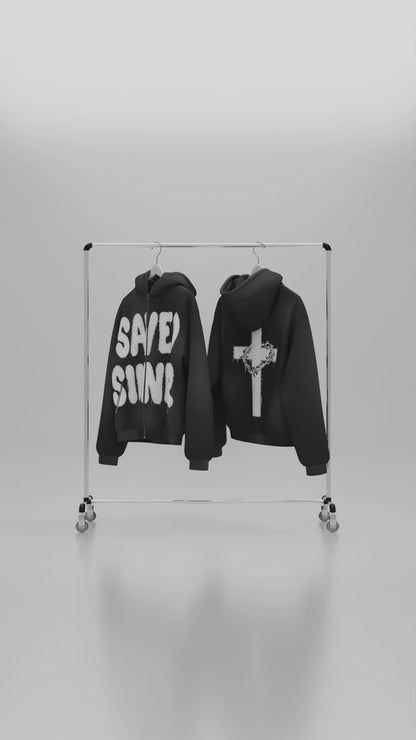 ‘Saved Sinner’ Distressed Zip Hoodie